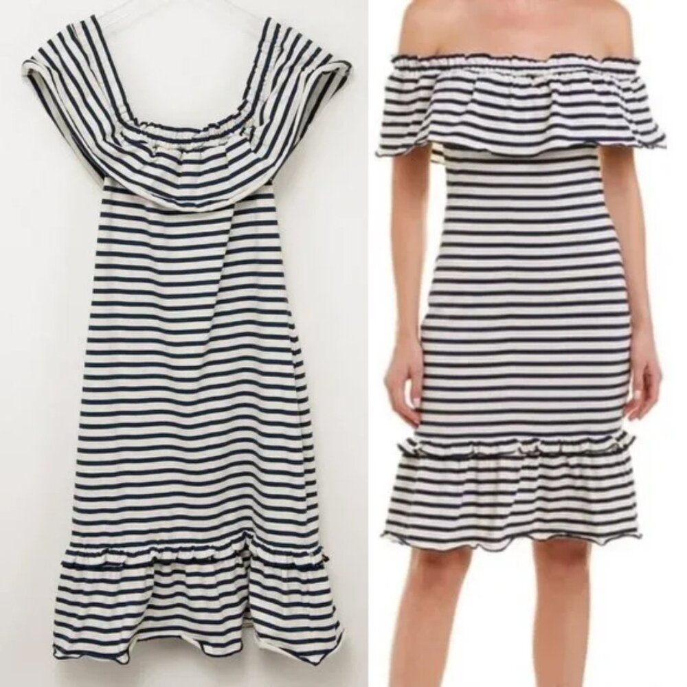 Parker Midi Dress Off The Shoulder Cotton Stripe Preppy Blue Ivory Size Large